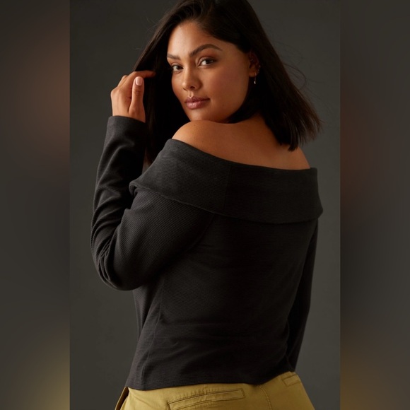 NWT Maeve Anthropologie Ribbed Off Shoulder Snap Button cardigan top w/ collar L - Picture 3 of 10